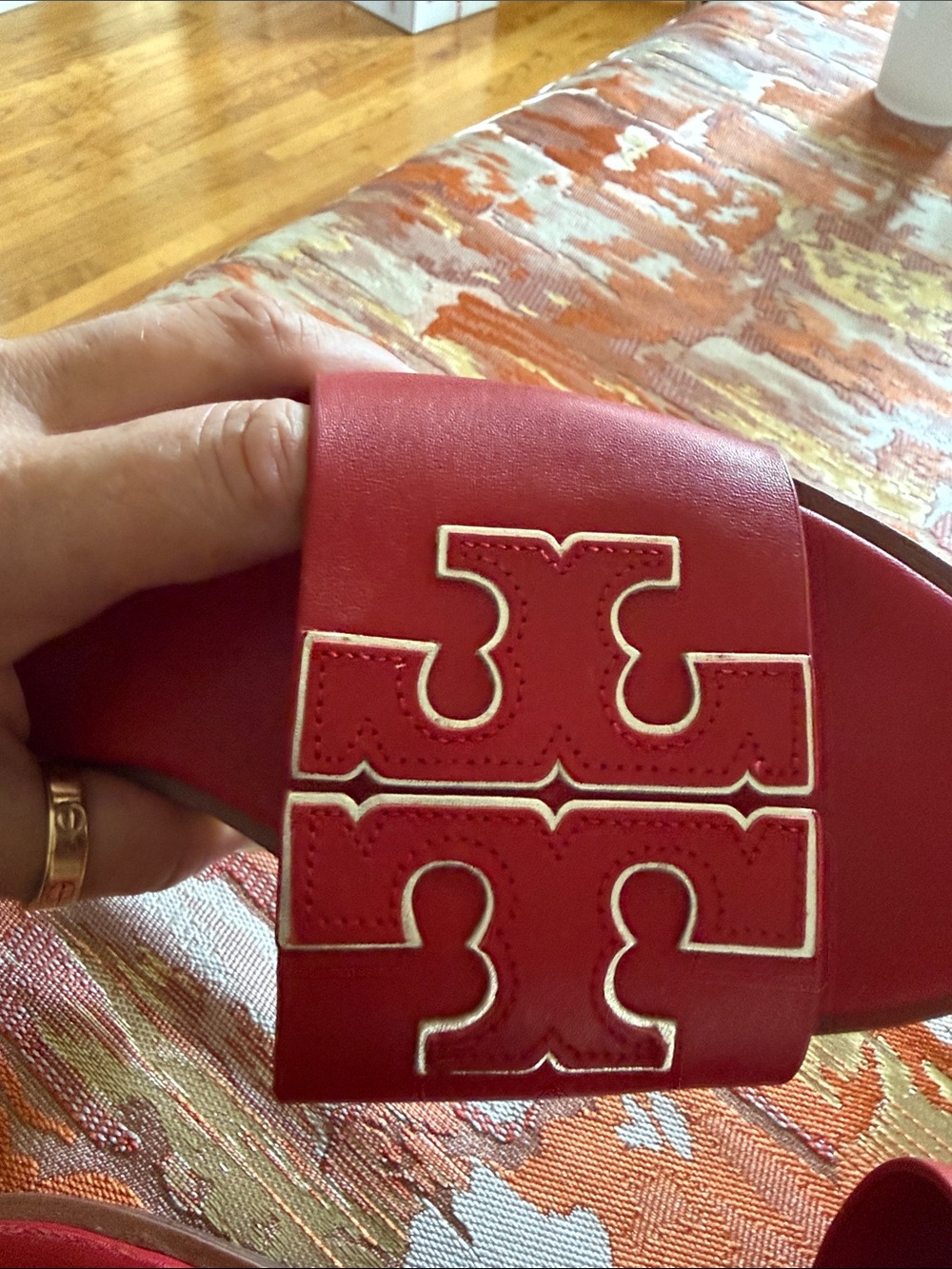 Tory Burch Red/Gold Double T leather slides - Picture 14 of 16
